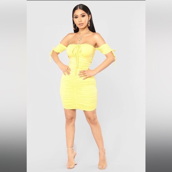 Yellow Ruched Bardot Mini Dress with off shoulder Sleeves - Picture 2 of 5